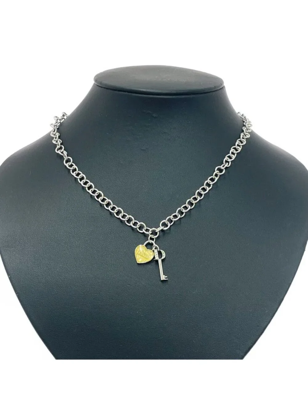Dior Metal Rhinestone Heart Padlock Key Necklace Silver